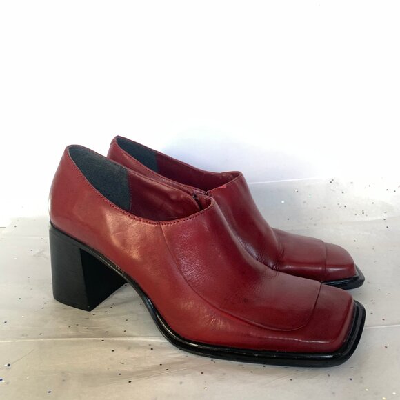 Vintage Diba Shoes - Diba Vtg Y2K Red Square Toe Flat Toe Box Block Heel Loafers Zip Side - Sz 8.5